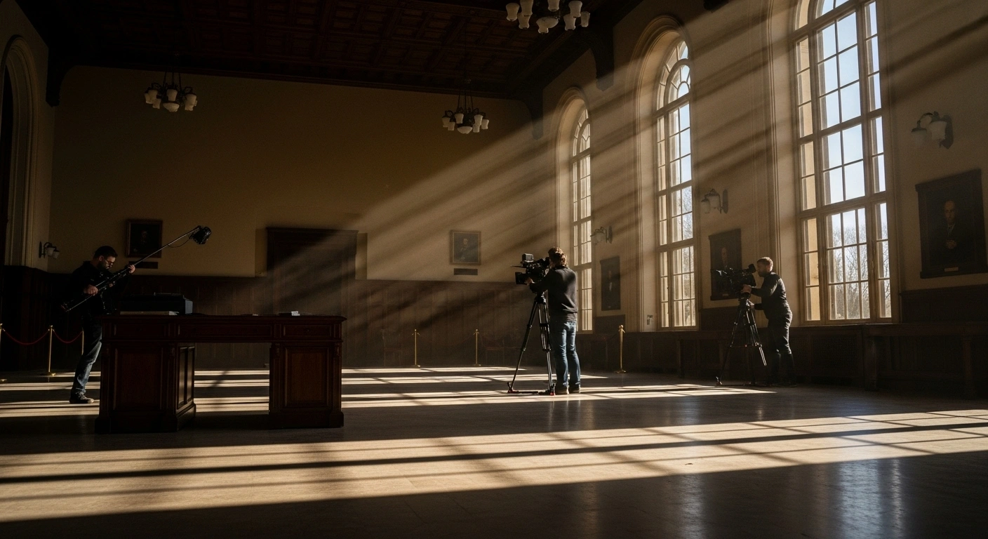 A wide, low-angle shot inside a grand, dimly lit embassy reception hall, now empty and bathed in late afternoon light, symbolizing Venezuela's strategic closure of its embassies in Australia and Norway and the restructuring of its foreign service.