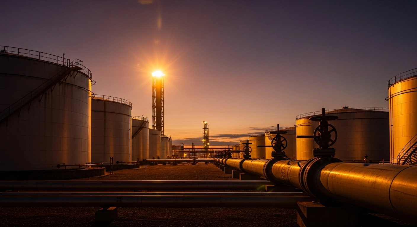 A wide, cinematic shot at dusk shows a vast oil terminal with towering crude oil storage tanks and a massive pipeline, symbolizing the transfer of Venezuelan oil to the United States and U.S. assertion of control over oil resources.