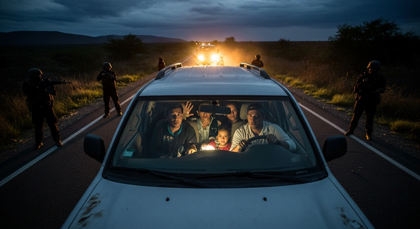 A tense scene depicts a family inside a vehicle halted at a makeshift roadblock on a desolate Venezuelan highway, confronted by armed figures, illustrating the U.S. State Department's urgent security alert for American citizens to depart Venezuela following reports of armed 'colectivos' targeting Americans after President Maduro's capture.
