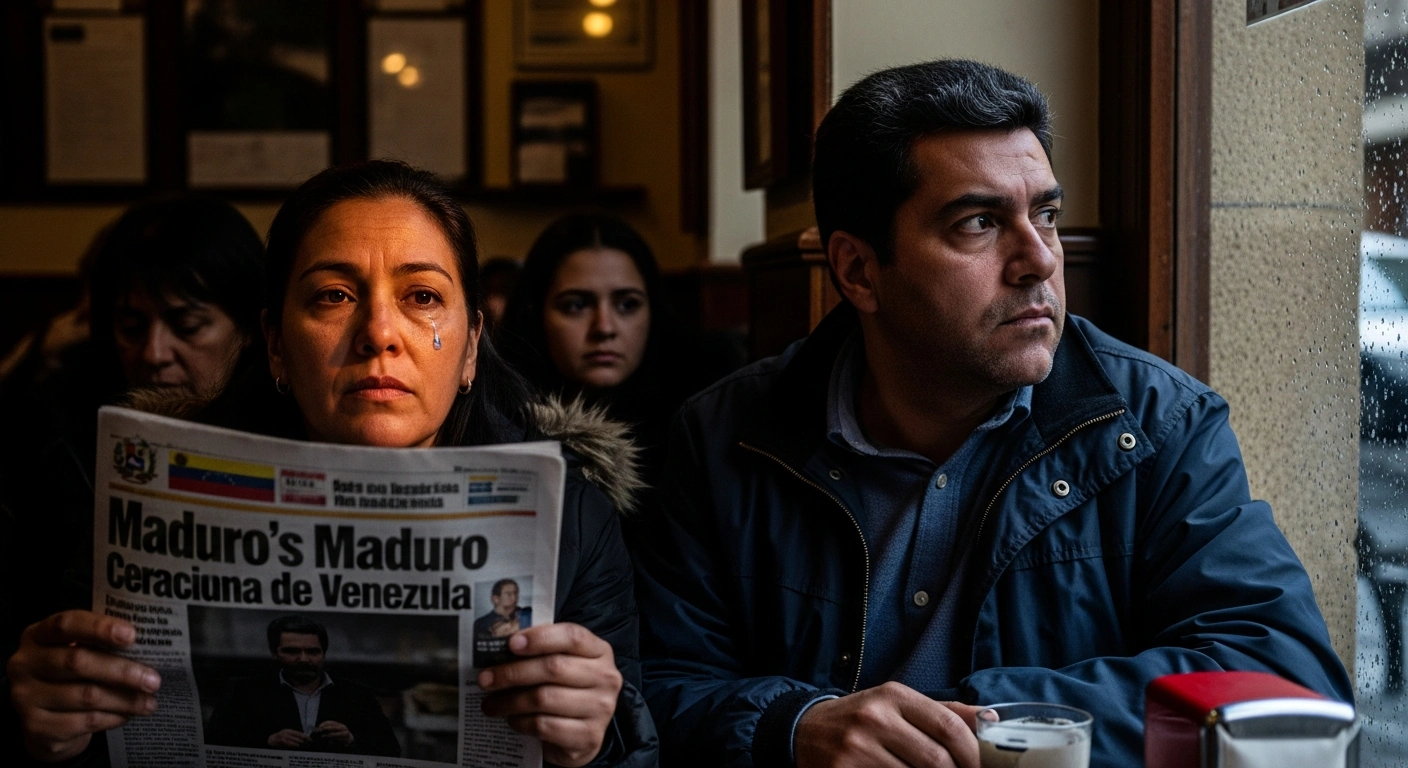 A group of Venezuelan exiles in a Spanish cafe displays a complex mix of jubilation and profound concern, with one woman smiling at news of Nicolás Maduro's capture while a man looks worriedly out a window, reflecting anxieties about Venezuela's ongoing political instability and economic collapse.