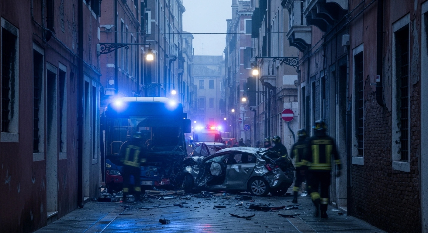 Emergency responders work at the scene of a serious traffic accident involving a bus and a car on a narrow street in Venice, Italy.