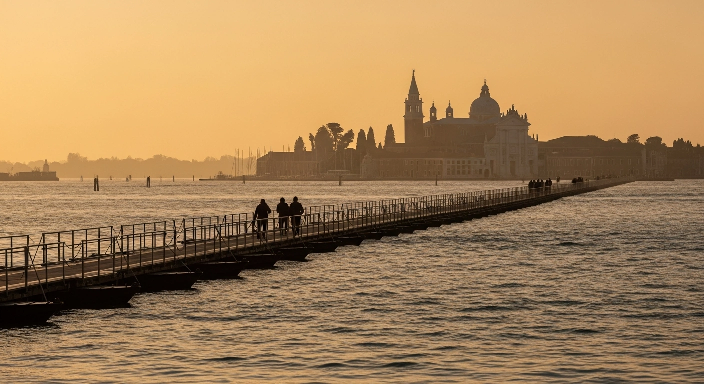 A temporary pontoon bridge stretches across the Venetian lagoon from Fondamente Nove towards San Michele island, with several mourners walking across it under a golden hour sky.