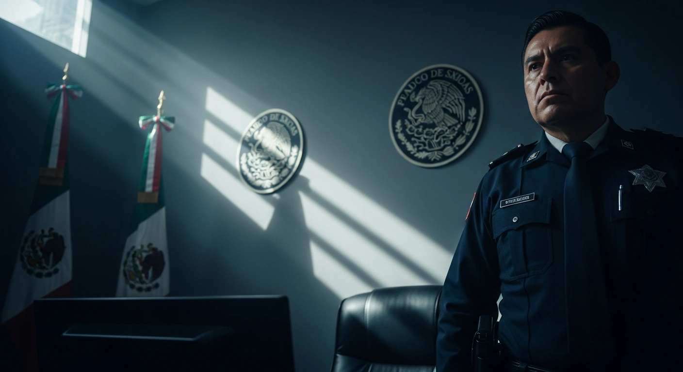 A Mexican law enforcement official stands in a dimly lit office during the investigation into the kidnapping of journalist Roxana Guzmán Ramírez in Veracruz.