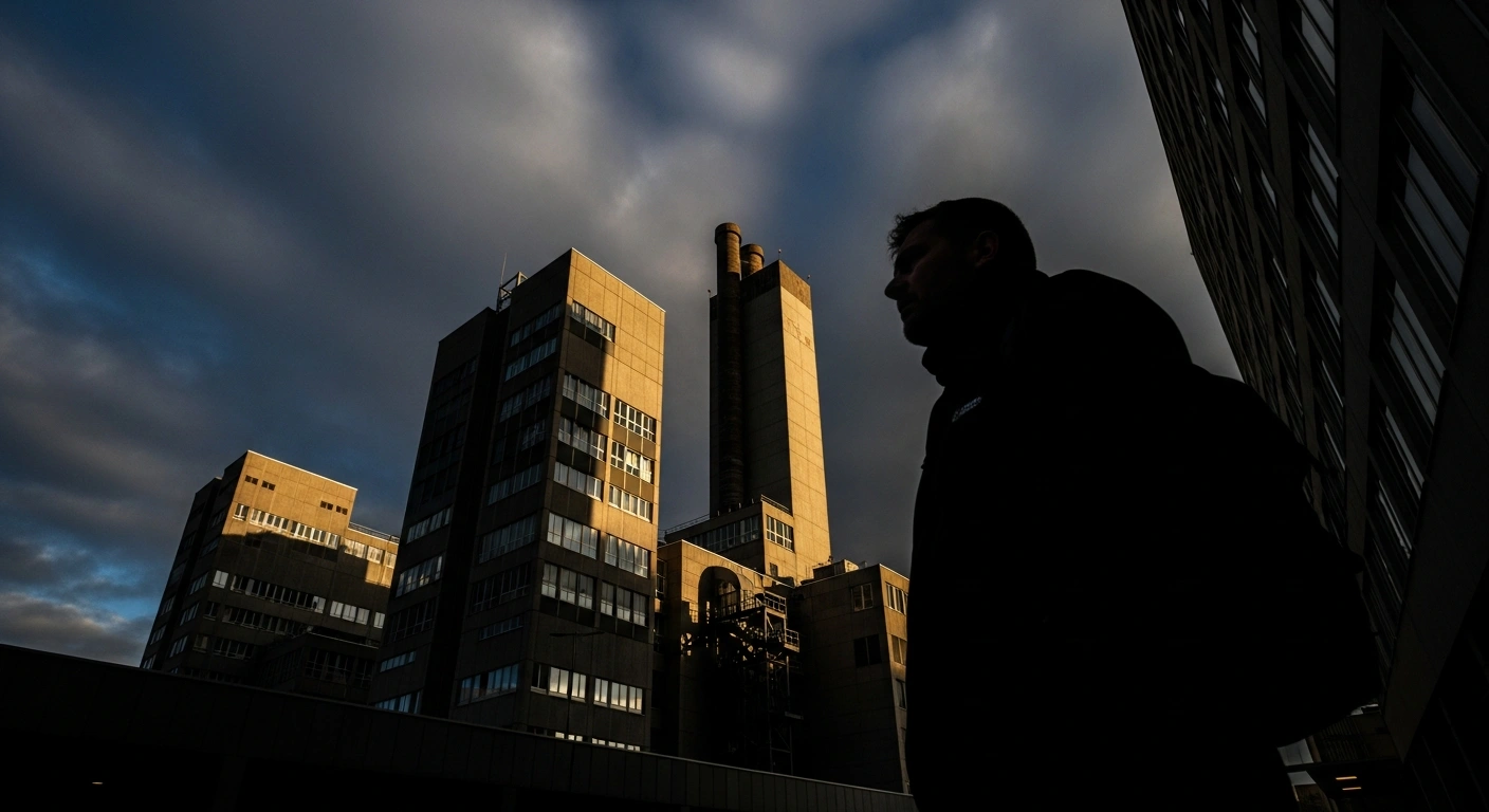 A resolute figure, representing Verdi union leader Frank Werneke, stands silhouetted against a modern German industrial complex at dusk, symbolizing a strong warning against the growing influence of the far-right AfD and extremist ideologies in German businesses.