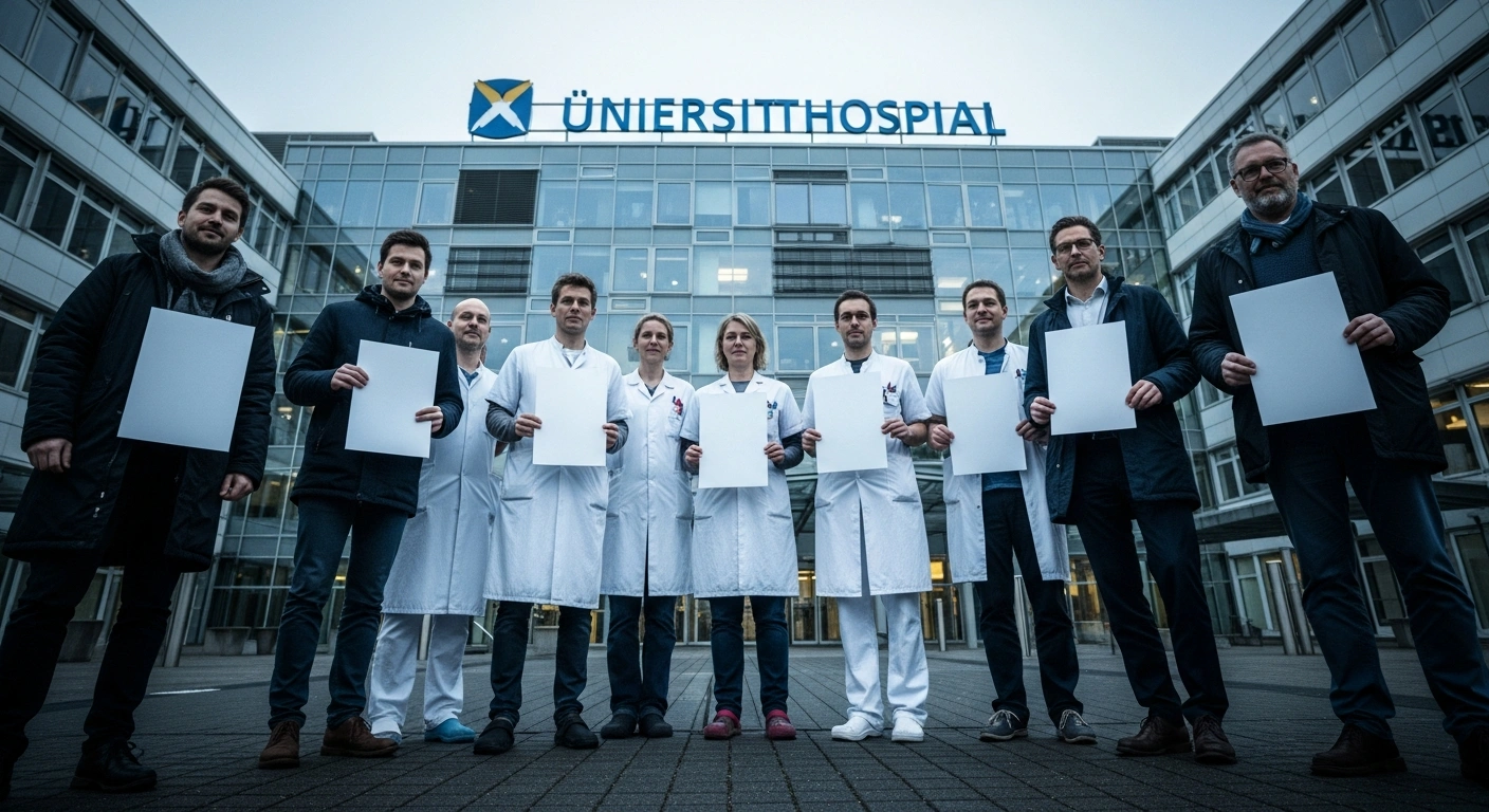 Healthcare workers from the Verdi labor union stand in protest outside a German university hospital to demand better working conditions.