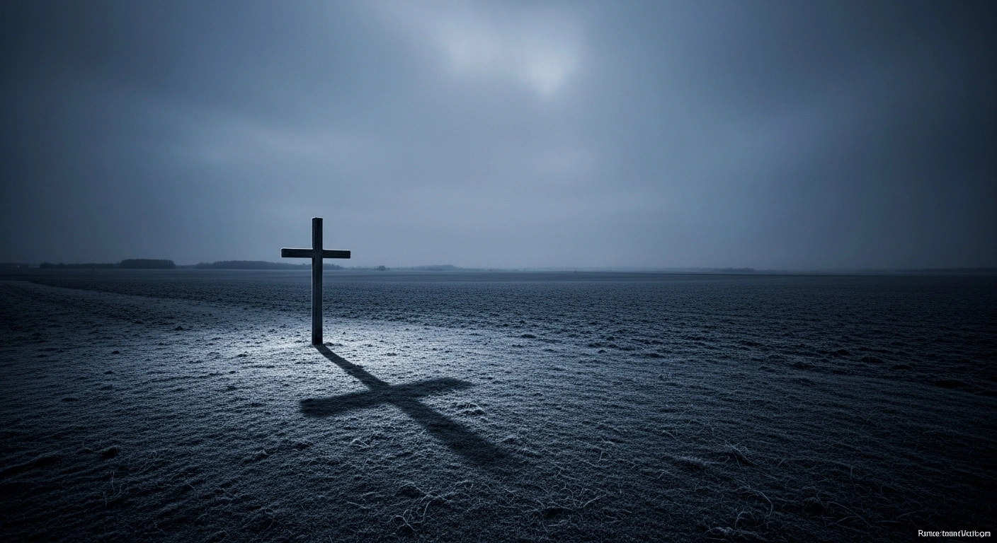 A solitary wooden cross stands in a desolate field, symbolizing the verified military fatalities in the ongoing Ukraine conflict.