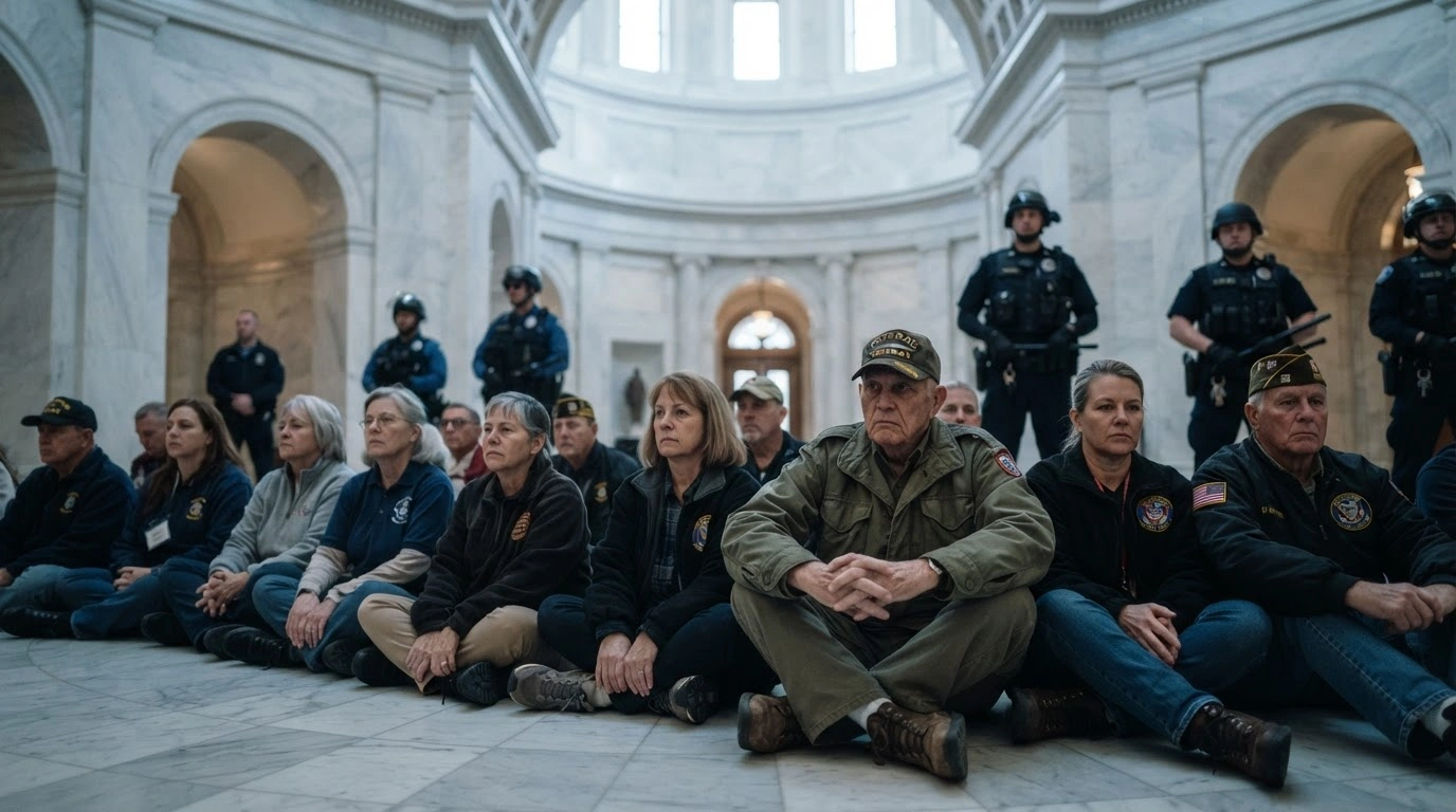U.S. military veterans sit on the floor of a government building during a protest against potential military conflict with Iran as Capitol Police officers stand nearby.