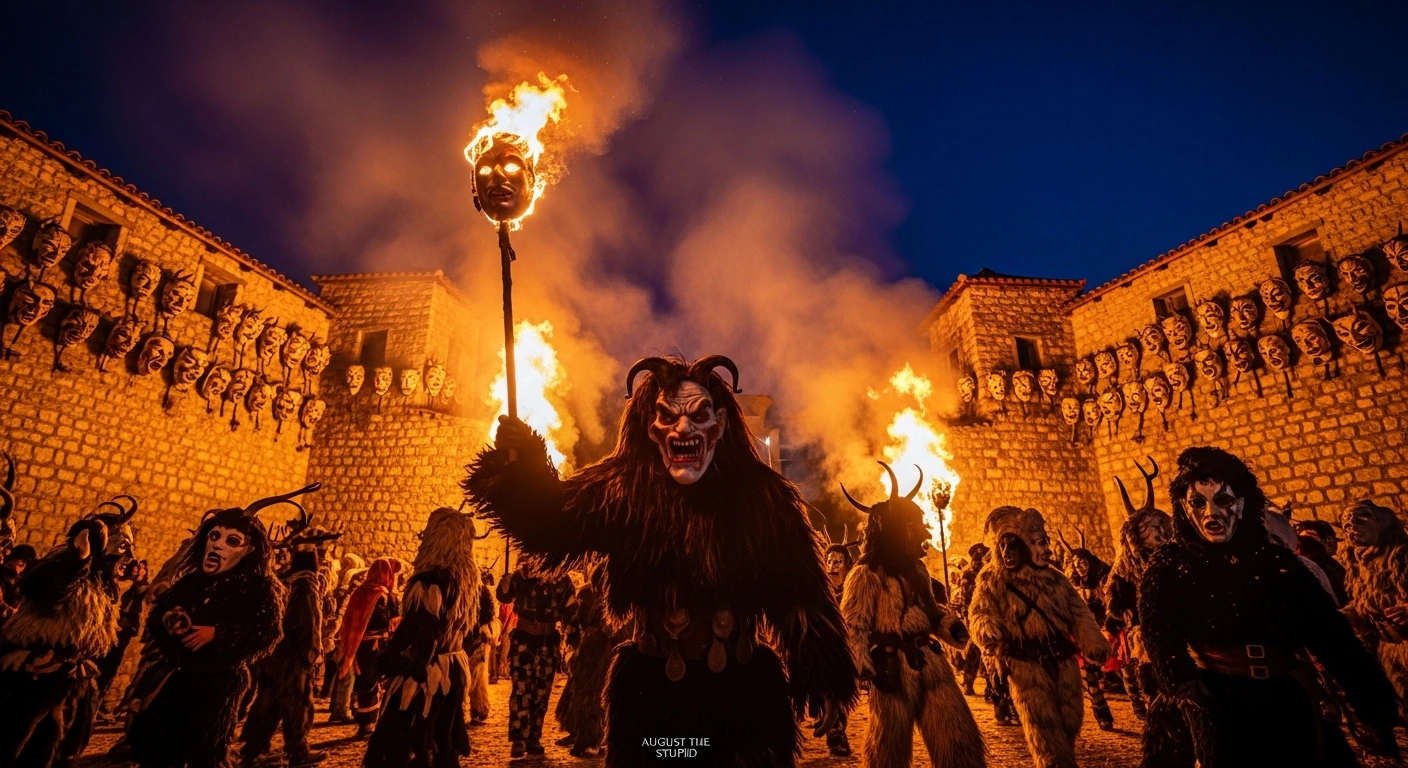 A low-angle, wide shot captures a central grotesque masked figure, possibly 'August the Stupid,' surrounded by other costumed revelers at the Vevcani Carnival in North Macedonia, with burning masks dramatically lighting the night sky behind them, symbolizing ancient pagan rituals and the celebration of the Orthodox New Year.