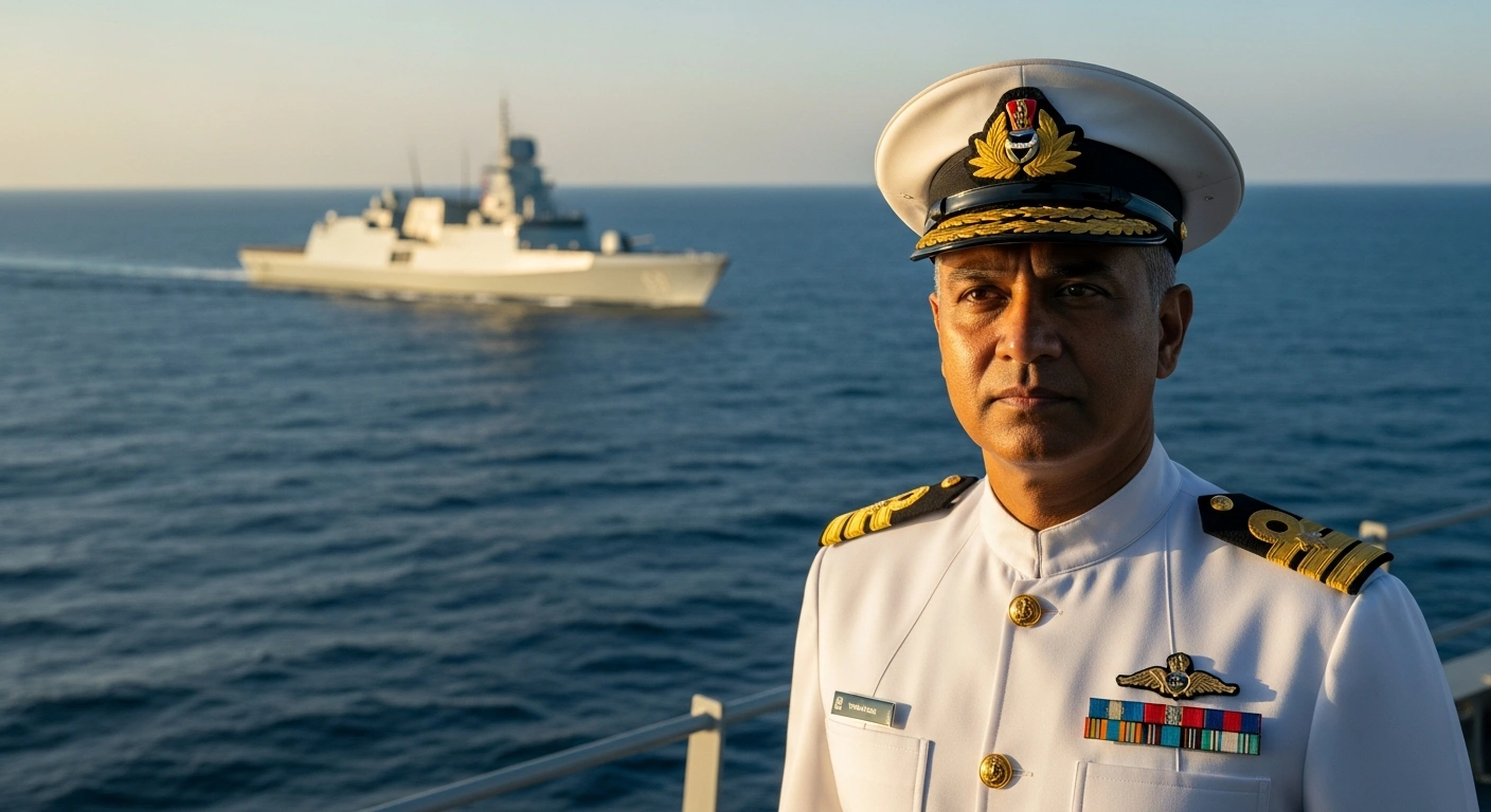 Vice Admiral AN Pramod stands on the deck of an Indian Navy warship as he begins his tenure as the Deputy Chief of Naval Staff.