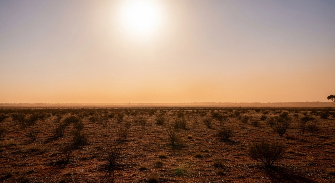 A wide, low-angle view of a parched Australian landscape under a scorching, bleached sky, depicting the severe heatwave and heightened bushfire risks in Victoria, Australia, where temperatures reached a record 48.9°C.
