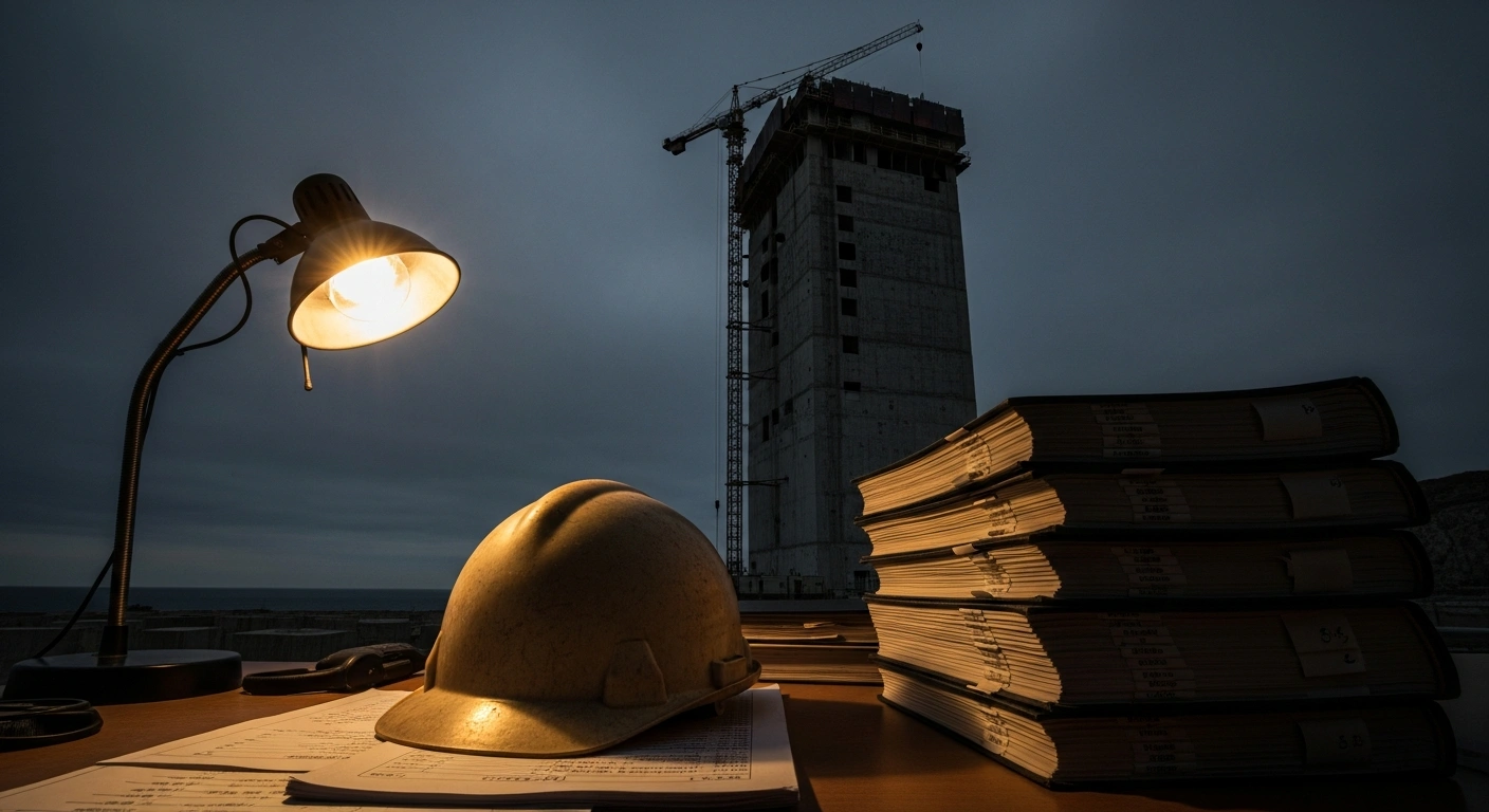 A construction helmet rests on a dusty desk next to a stack of ledger books under a harsh fluorescent light, symbolizing Victoria Construction Ltd's legal troubles with the Supreme Court of Gibraltar for false accounting and unpaid corporate taxes totaling £78,776.