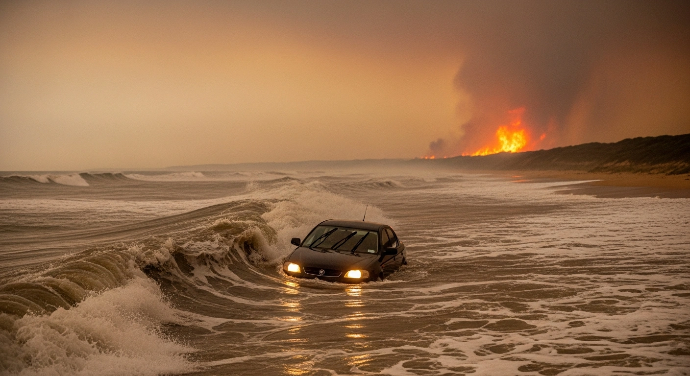 A wide, low-angle shot captures a half-submerged car in turbulent, muddy floodwaters on the Great Ocean Road in Victoria, Australia, with a distant orange glow from bushfires visible through smoke, depicting the dual natural disaster of flash floods and bushfires that occurred in January 2026.