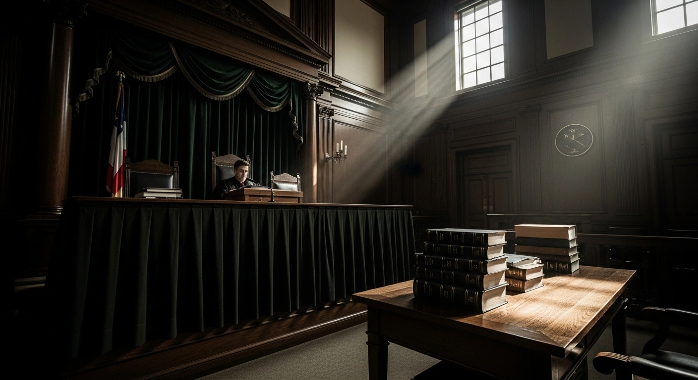 A dimly lit, grand courtroom features a judge's bench partially obscured by a heavy, dark velvet curtain, symbolizing the suppression of criminal cases and concerns about transparency in Victoria's justice system, with a single beam of light highlighting bound legal volumes.