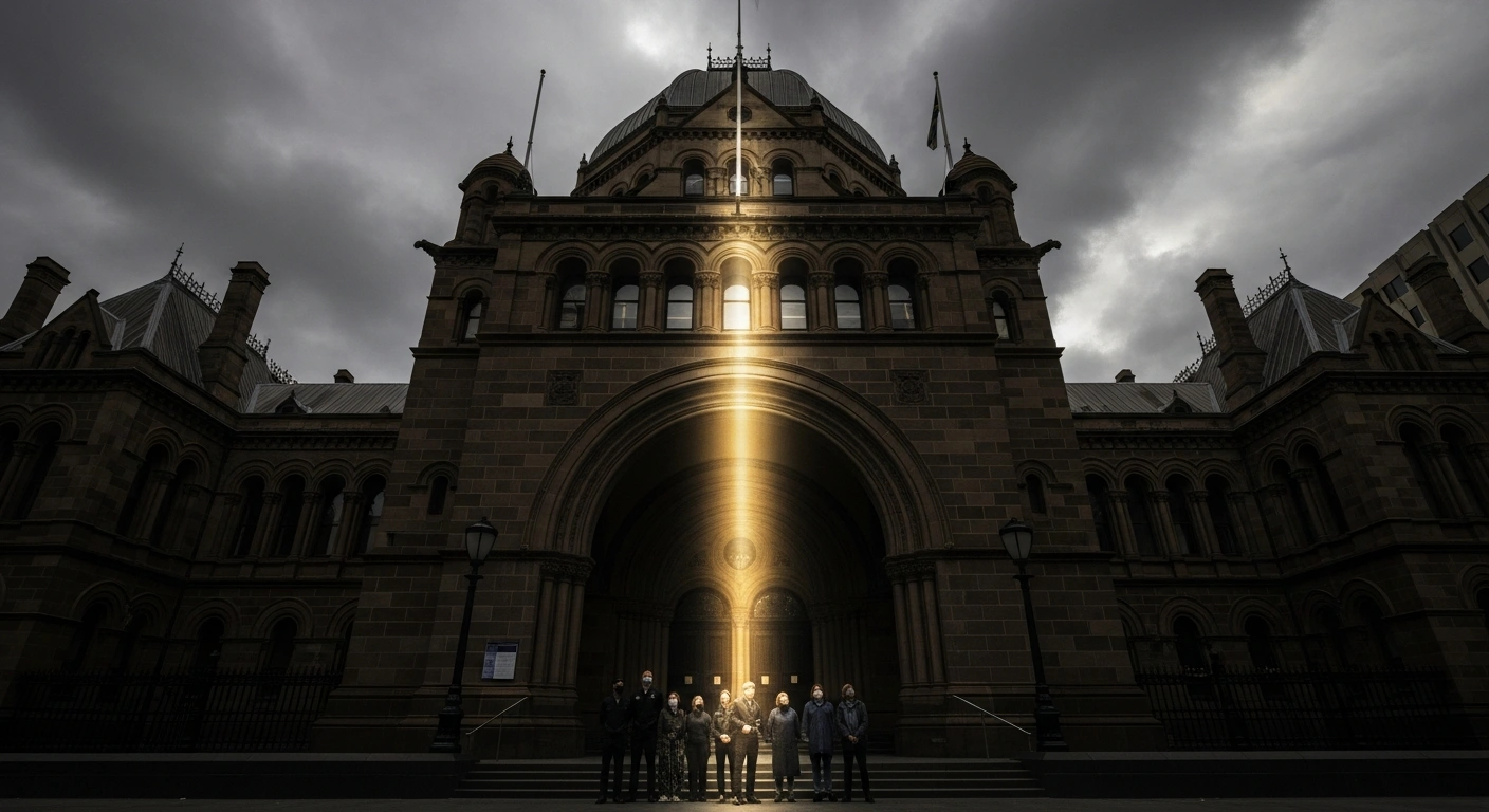 A wide, low-angle shot of a dark, imposing courthouse in inner Melbourne, with a dramatic beam of golden sunlight illuminating a small group of figures standing below, symbolizing the revocation of warrantless search powers by Victoria Police.