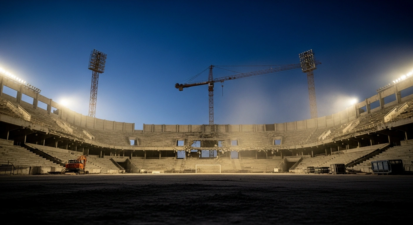 A large demolition crane stands amidst the dusty, skeletal remains of Victoria Stadium's main stand in Gibraltar, illuminated by construction lights at twilight, signifying the start of development for a new UEFA Category 4 national stadium.