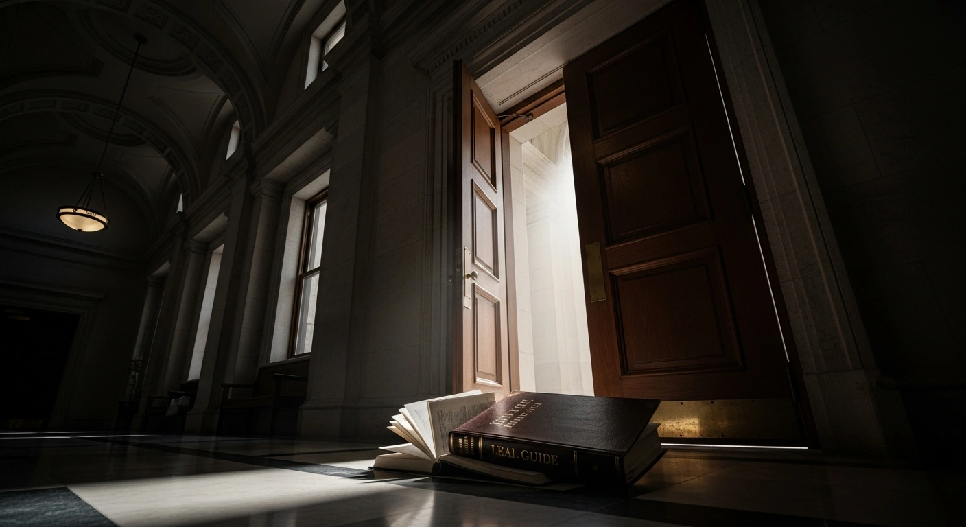 A dramatic, low-angle view of a grand courthouse corridor, where a piercing shaft of light illuminates a partially open heavy wooden door and a thick, leather-bound legal guide lying exposed on the polished floor, symbolizing the revelation of a confidential legal guide on suppressing criminal cases in Victoria and concerns over judicial transparency.