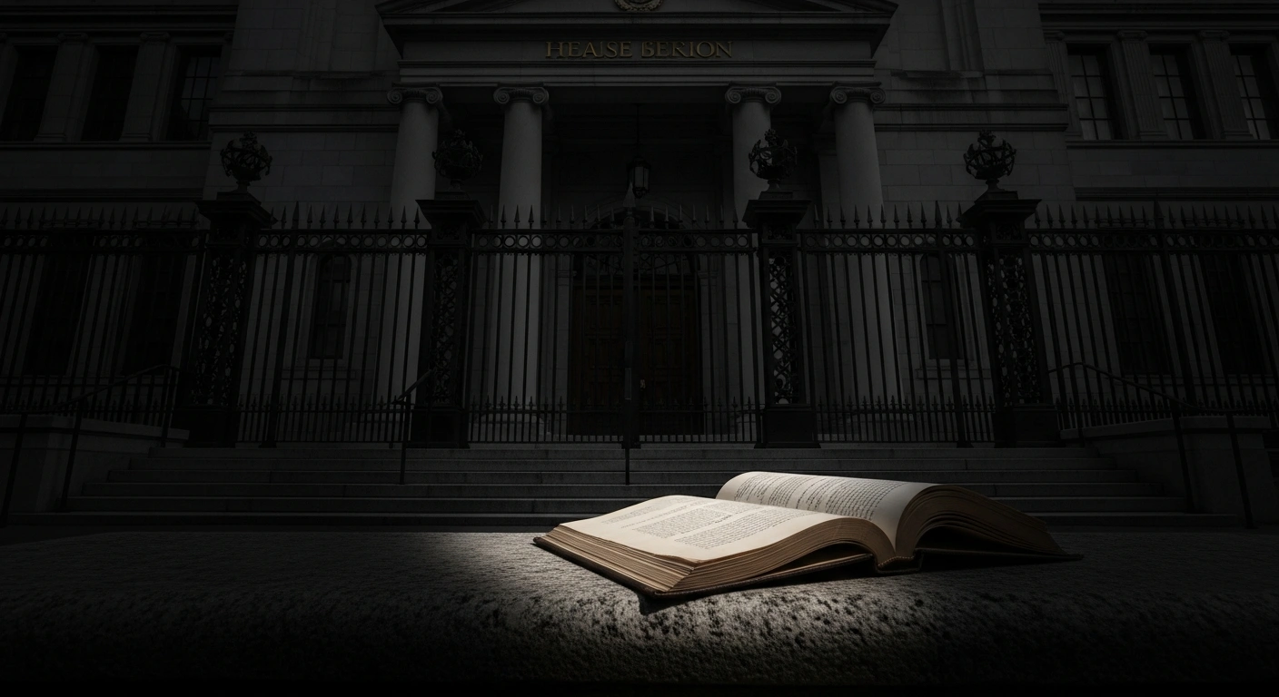 A low-angle view of a shadowed, ornate courthouse facade with heavy iron gates, where a beam of moonlight illuminates a thick, half-open leather-bound document on a stone bench, representing a confidential legal guide on suppression orders for criminal cases in Victoria, Australia, sparking debate over judicial transparency and mental health grounds.