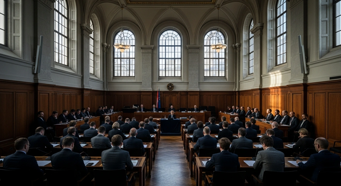 A wide, low-angle shot captures the interior of a large courtroom at the Vienna Regional Court, filled with numerous climate activists from the 'Last Generation' group seated in rows, under stark natural light, during their expanded trial for charges of serious property damage.