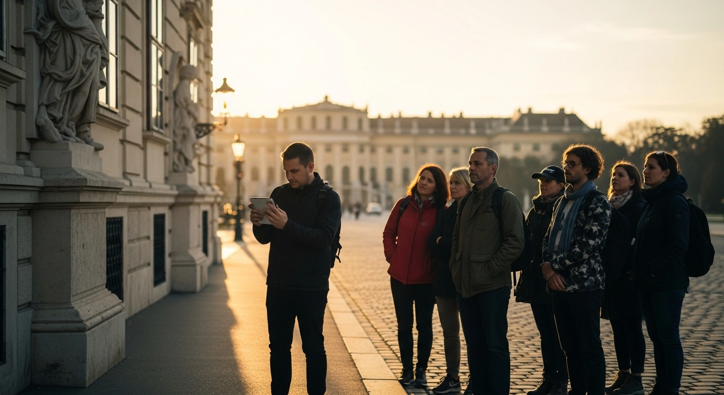 Tourists participate in an immersive, self-guided adventure game near the historic Schönbrunn area in Vienna, Austria.