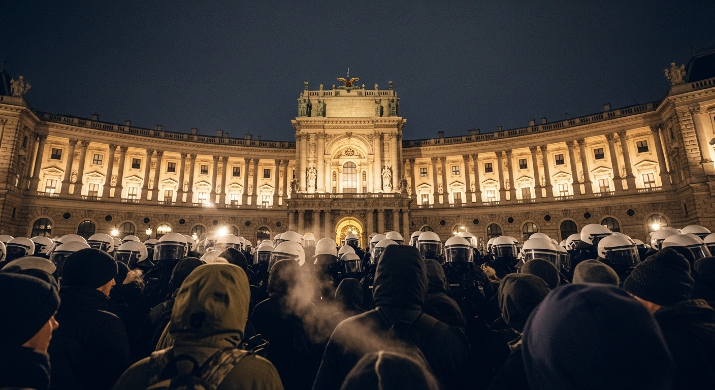 A wide, low-angle view from within a protest crowd in Vienna, showing demonstrators facing a line of riot police with the grand, illuminated Hofburg Palace in the background, depicting a protest against the Academics' Ball.