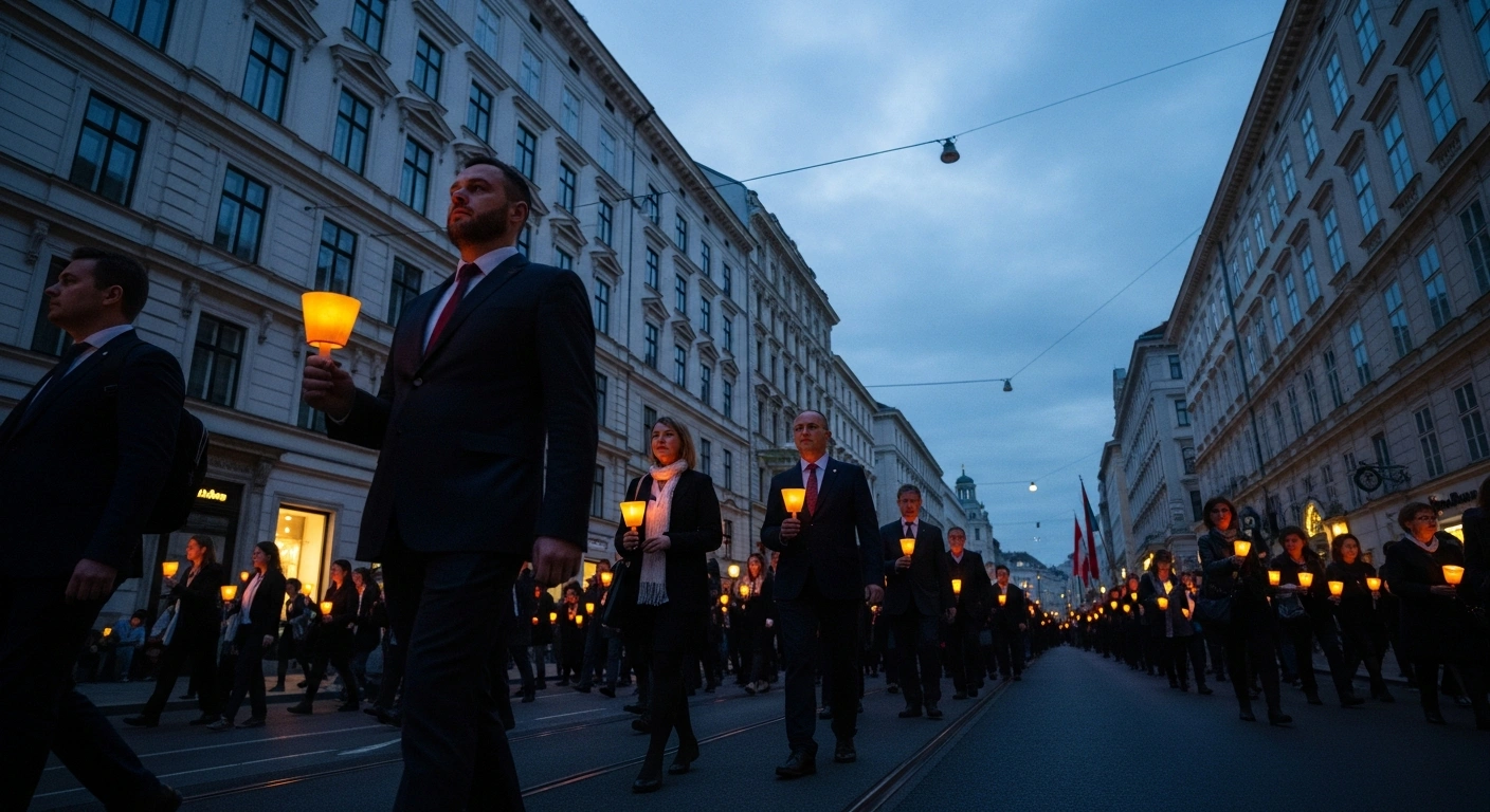 A large crowd of people participates in a memorial march in Vienna to commemorate the victims of the Srebrenica genocide.
