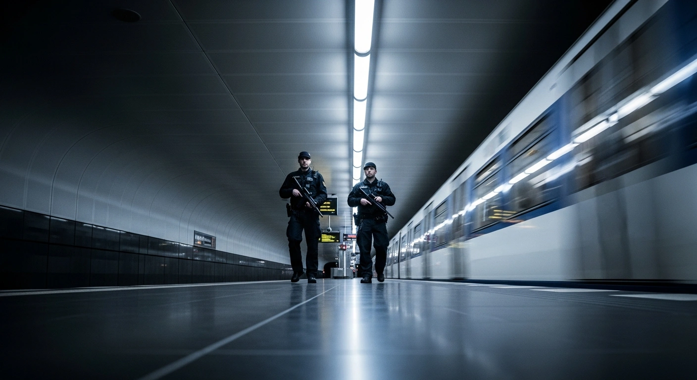 Uniformed security officers patrol a modern Vienna subway station as part of enhanced public safety measures.