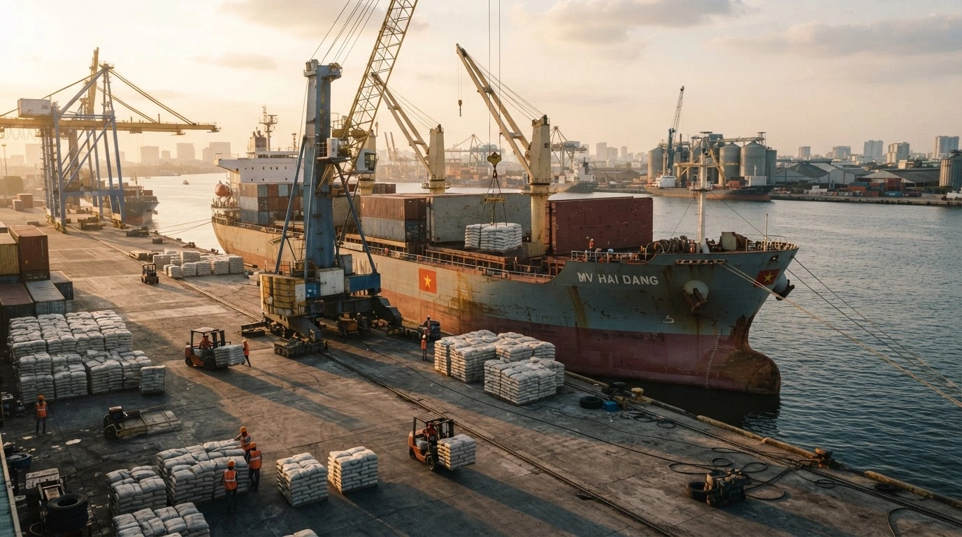 A busy shipping port exports Vietnamese cement and clinker to international markets to meet rising global construction demand.