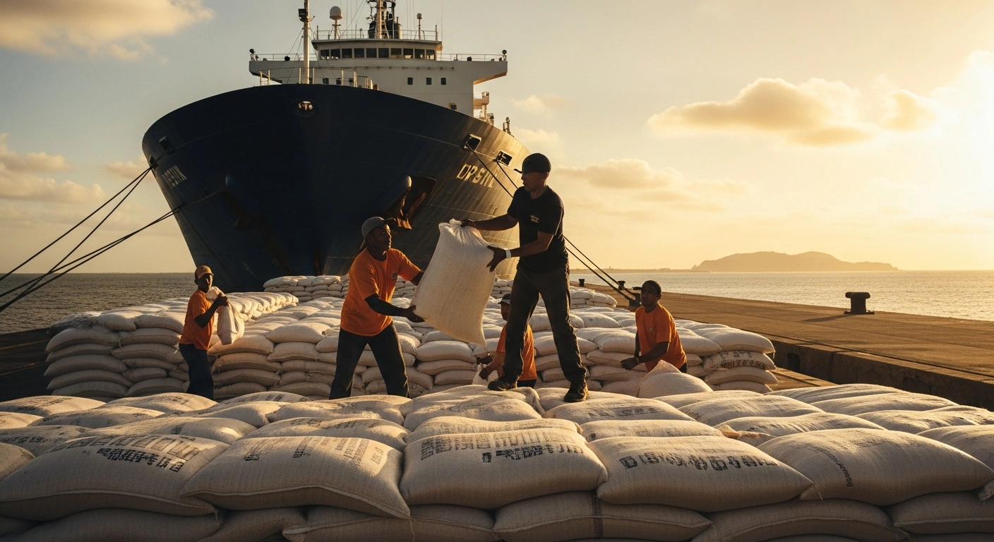 Dockworkers unload large sacks of rice from a cargo ship in Cuba as part of a humanitarian donation from Vietnam.