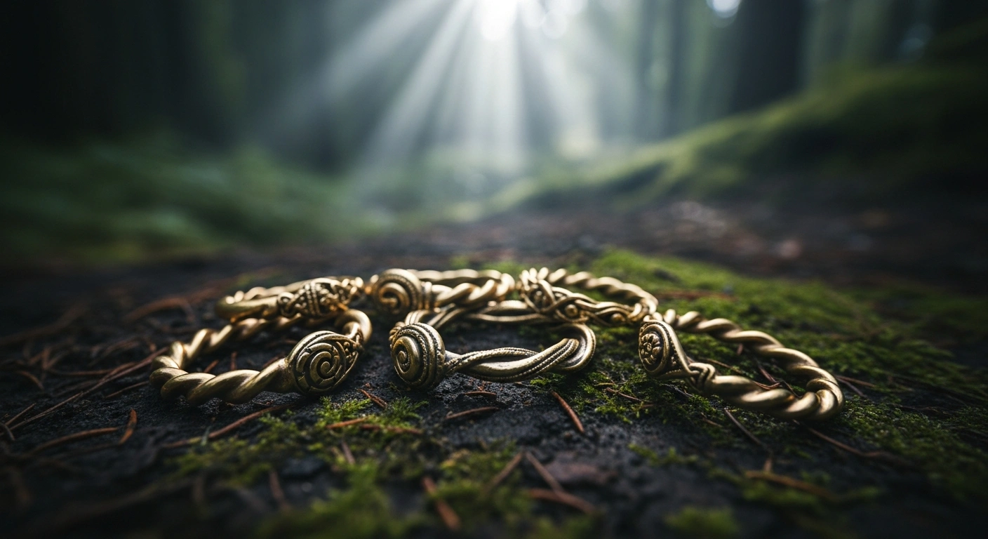 Six rare 9th-century Viking gold arm rings are displayed on the forest floor after being discovered by a metal detectorist near Rold, Denmark.