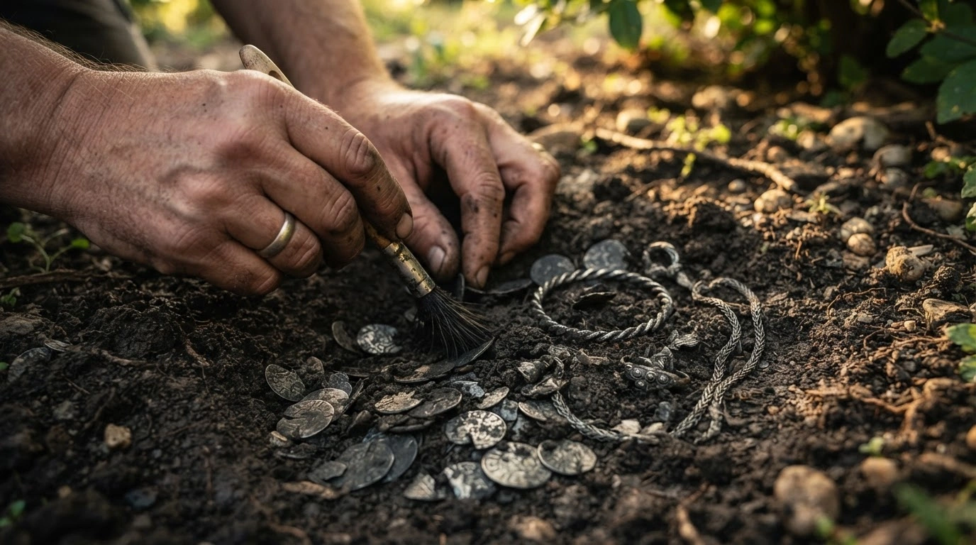 A homeowner discovers a large hoard of 10th-century Viking silver coins and jewelry buried in the soil of a garden in northern Denmark.
