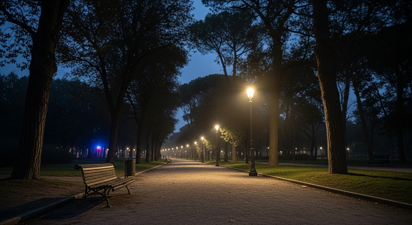 A dimly lit pathway in Rome's Villa Borghese at dusk, with an empty park bench in the foreground and distant emergency lights, symbolizing the investigation into the attempted rape of a British student and rising safety concerns.
