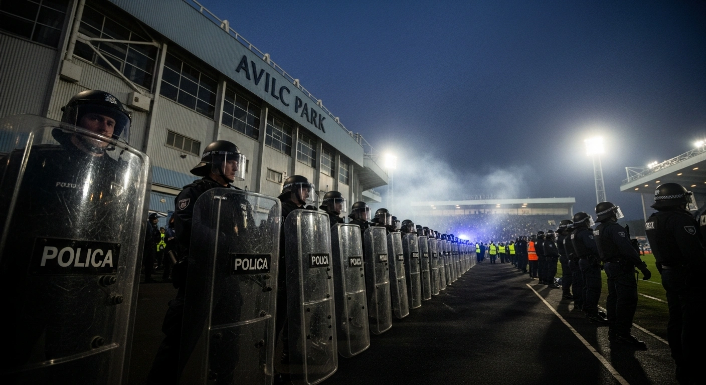 A low-angle, wide shot captures a tense scene outside Villa Park in Birmingham at twilight, with a line of riot police facing a blurred crowd of pro-Palestinian and anti-Israel demonstrators during a high-risk Europa League match between Maccabi Tel Aviv and Aston Villa.