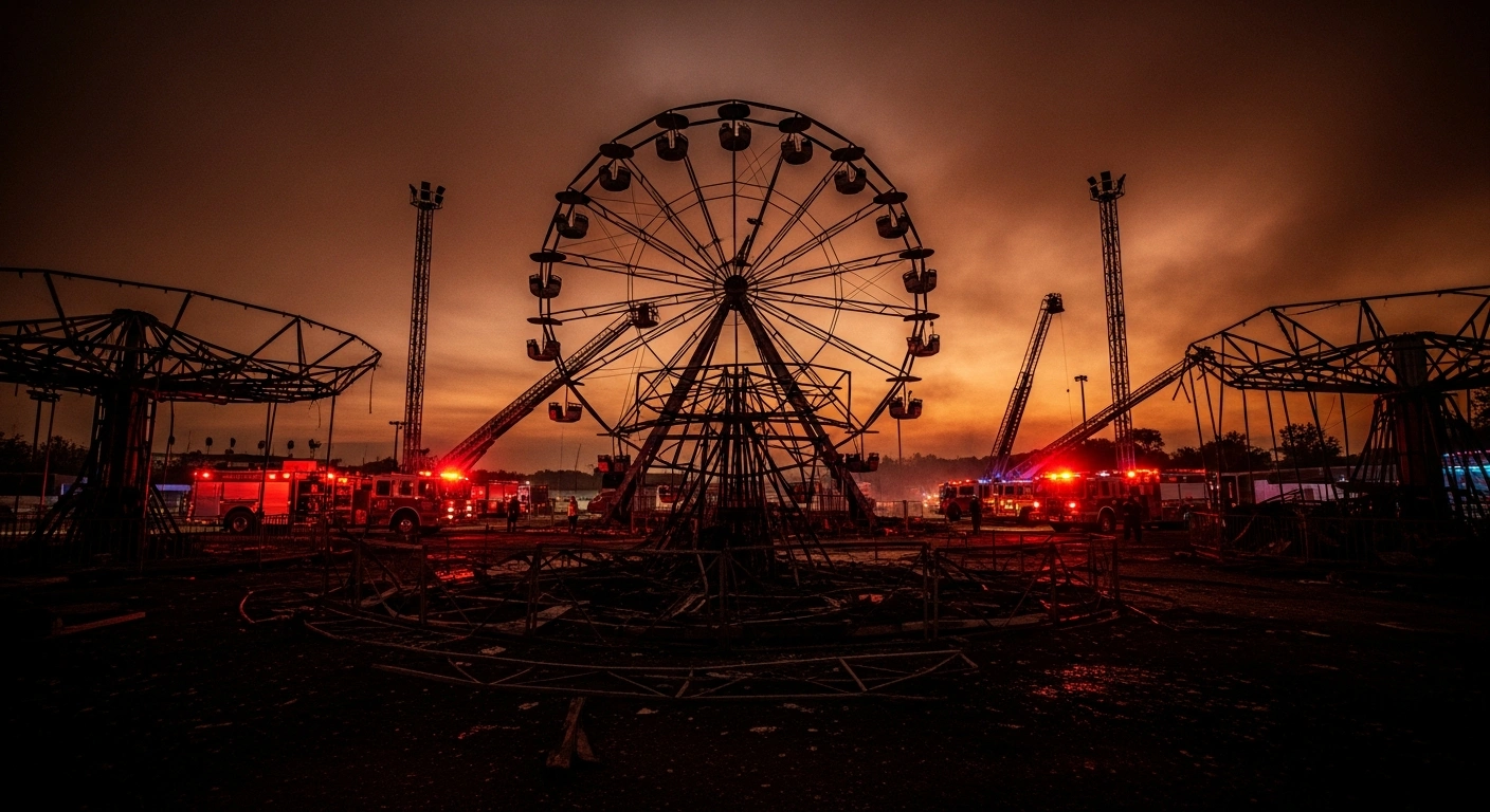 Emergency responders work at the scene of a fatal fairground fire in Villahermosa, Tabasco, where charred amusement park structures remain.