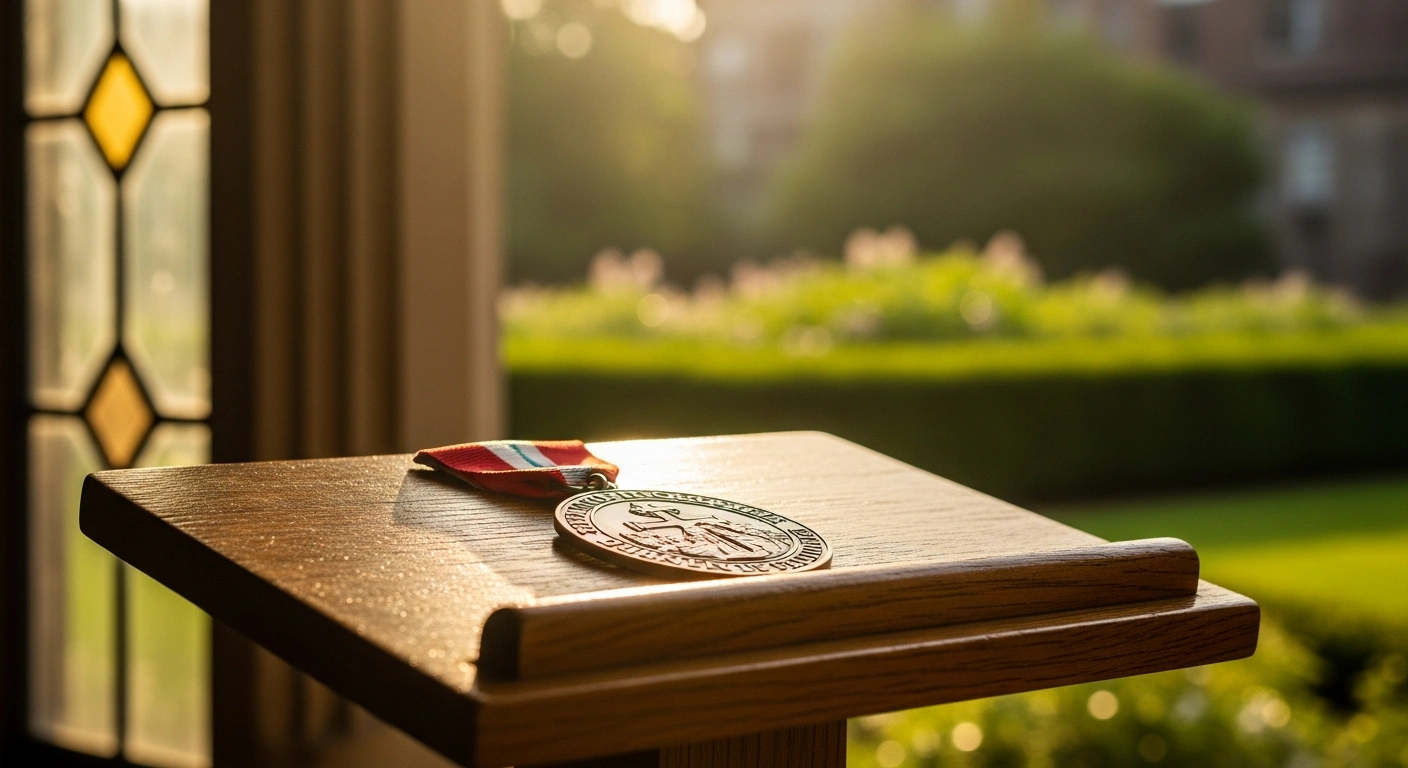 A bronze medal representing the Villanova University Laudato Si’ Sustainability Medal rests on a wooden surface, symbolizing ecological responsibility and human development.