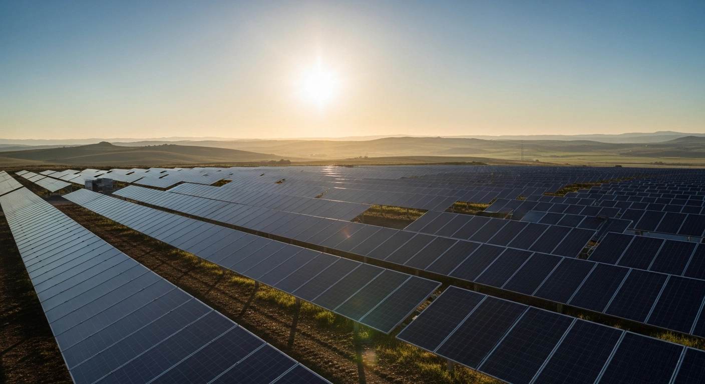 The sprawling Villarino photovoltaic plant in Salamanca, Spain, features thousands of solar panels capturing sunlight to generate renewable energy.