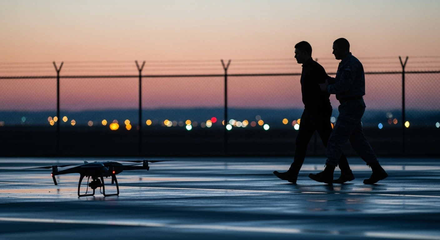 A man is being detained by two uniformed figures near a chain-link fence, with a small drone on the ground in the foreground, against the blurred backdrop of an airport at dusk.