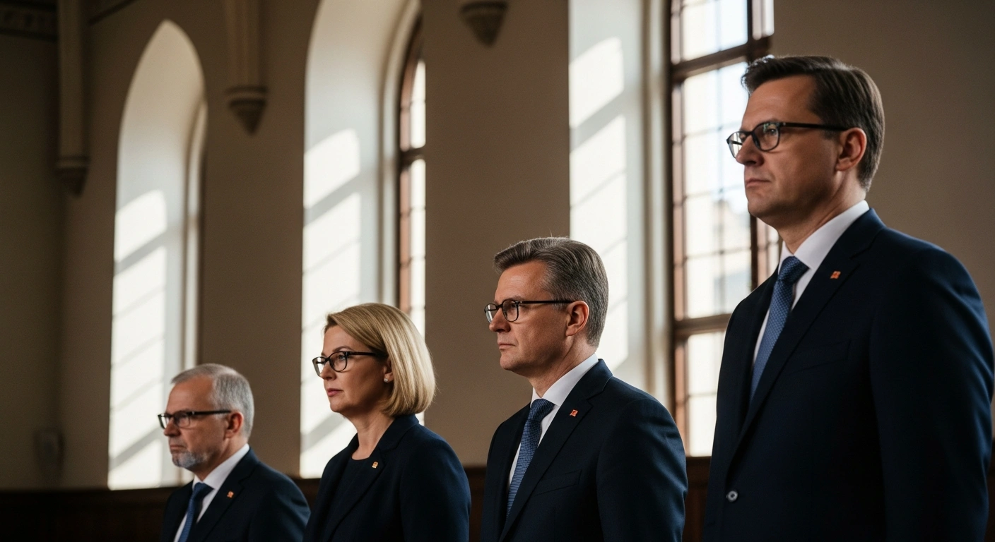 The presidents of Poland, Ukraine, and Lithuania, Karol Nawrocki, Volodymyr Zelenskyy, and Gitanas Nausėda, are depicted standing together in a historic hall in Vilnius, Lithuania, during their meeting to commemorate the 163rd anniversary of the 1863 January Uprising and discuss regional security.