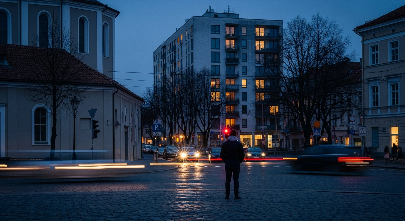 A moody, cinematic view of a Vilnius street at dusk reflecting the social atmosphere surrounding the recent demographic shifts in Lithuania.