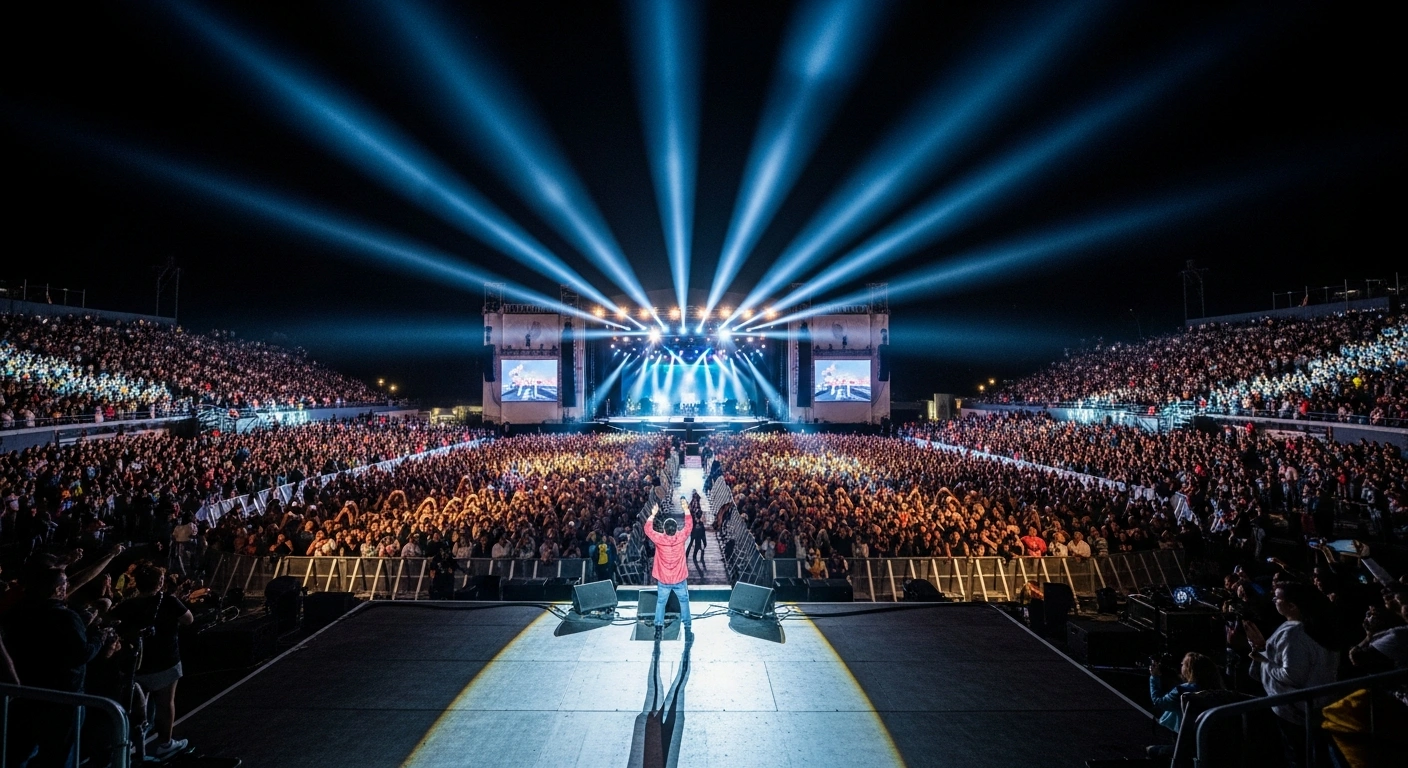 A wide, elevated view captures the vibrant 65th Festival Internacional de la Canción de Viña del Mar at the Quinta Vergara Amphitheater in Chile, showing a performer illuminated by colorful stage lights before a vast, cheering audience.
