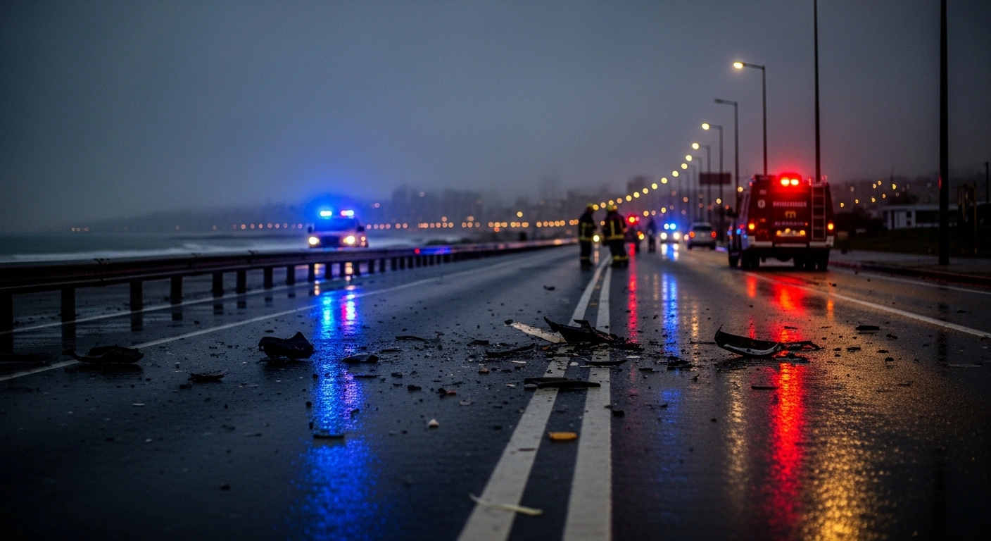 Emergency responders and authorities investigate the scene of a fatal traffic accident on a road in Viña del Mar, Chile.