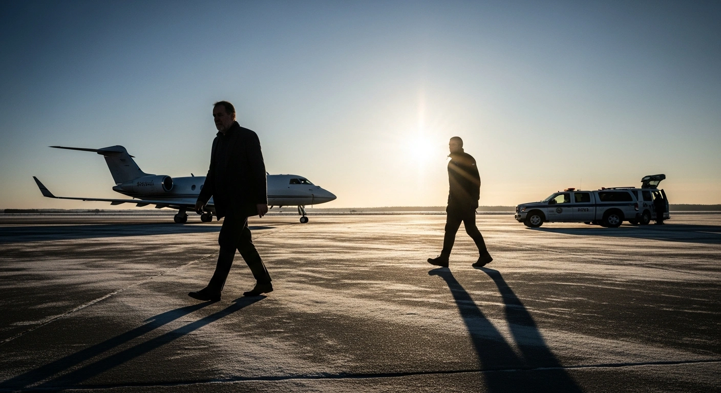 A visual representation of a prisoner swap on a tarmac at dawn, showing two men, a French researcher and a Russian basketball player, walking past each other between two distinct official vehicles.