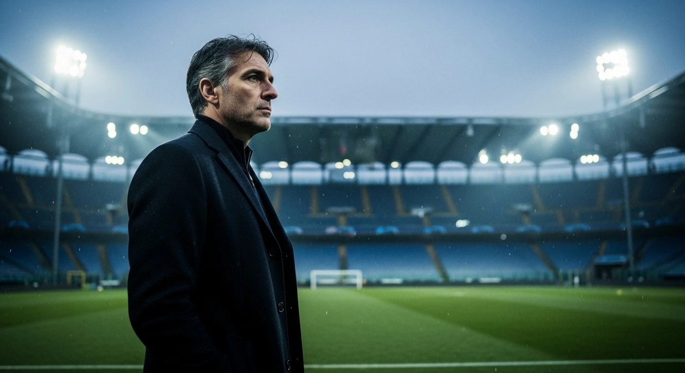 Turkish national football team head coach Vincenzo Montella stands on a stadium pitch following the team's elimination from the 2026 World Cup.