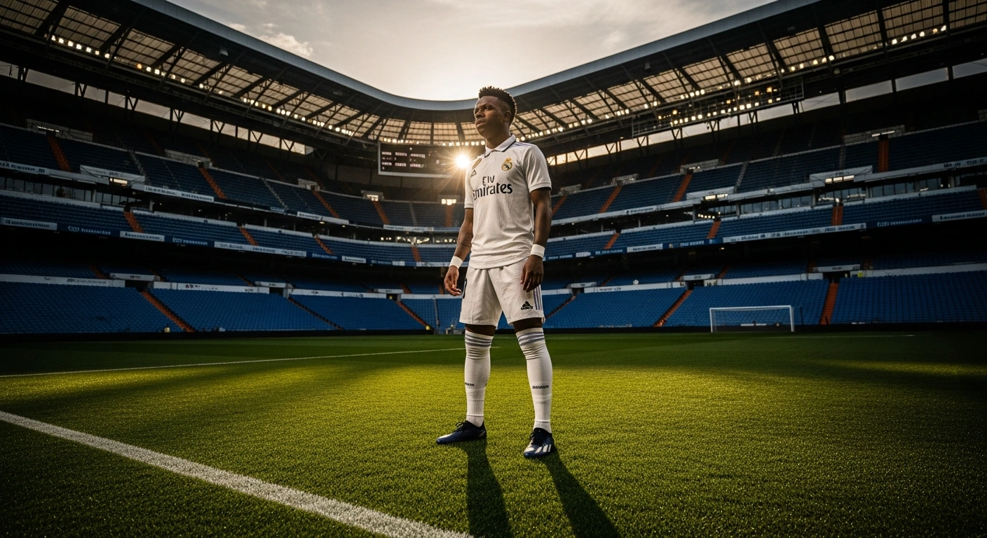 Vinicius Jr. stands on the pitch at the Santiago Bernabéu stadium following the announcement of his long-term contract extension with Real Madrid.