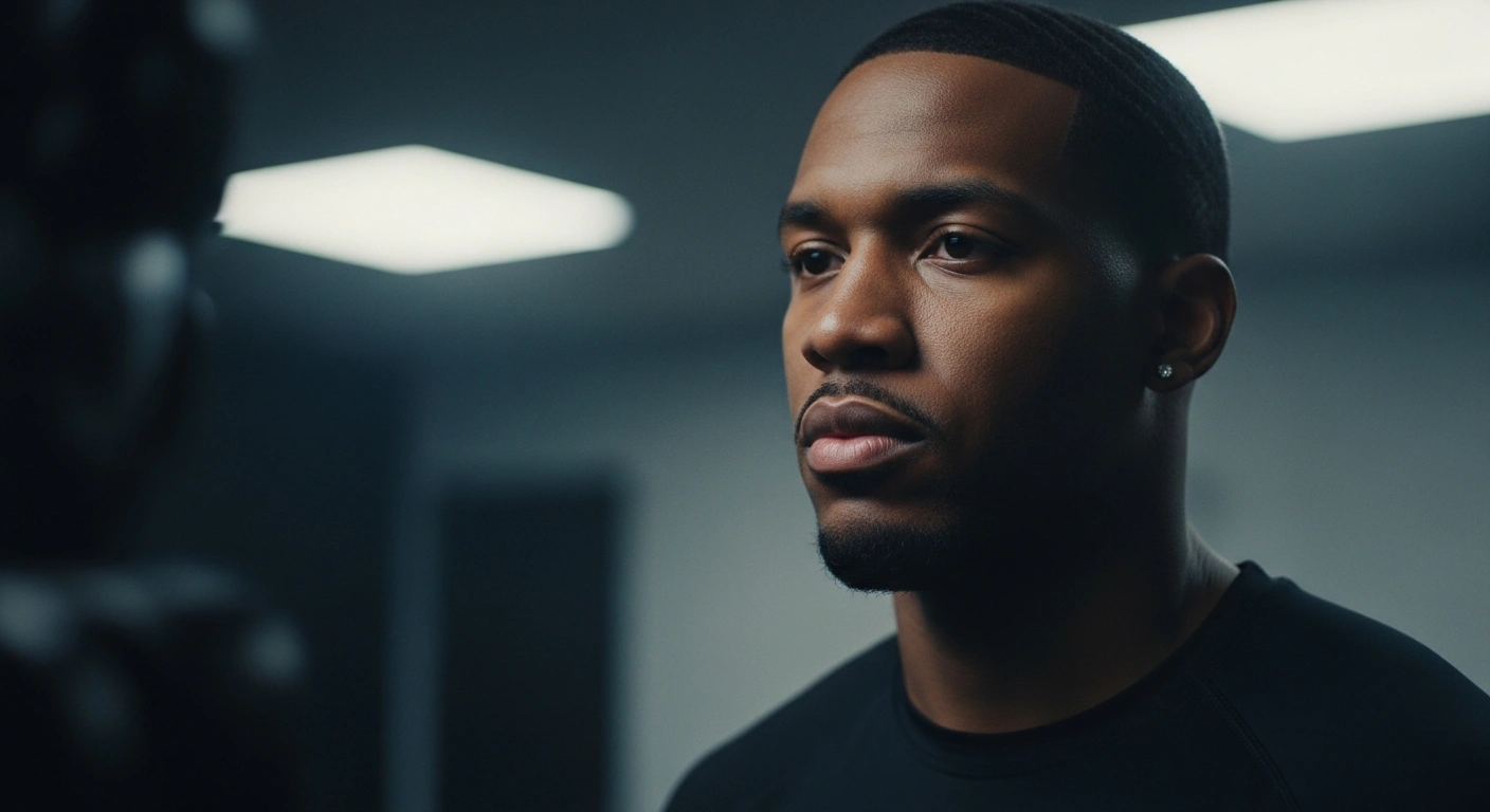 A professional portrait of Brazilian footballer Vinicius Junior looking stoic in a dimly lit training facility following the 2026 FIFA World Cup.