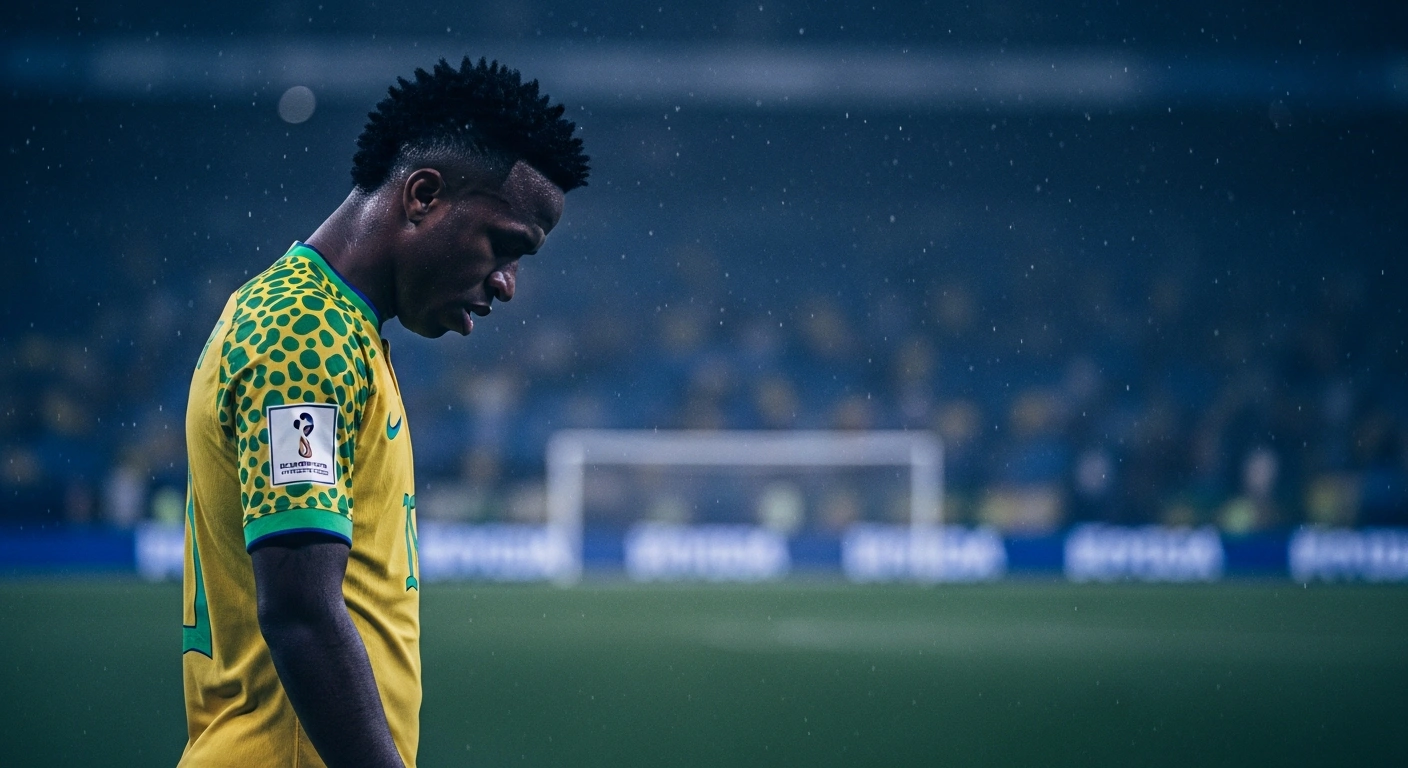 Brazilian forward Vinicius Junior stands on a stadium pitch looking somber after Brazil's elimination from the 2026 FIFA World Cup.
