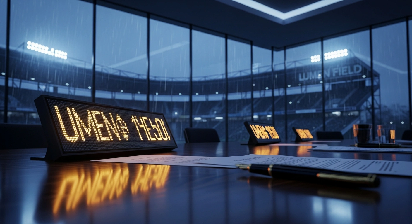 A professional boardroom overlooks the Seattle Seahawks stadium as a consortium led by Vinod Khosla finalizes a record-breaking multi-billion dollar acquisition of the NFL franchise.
