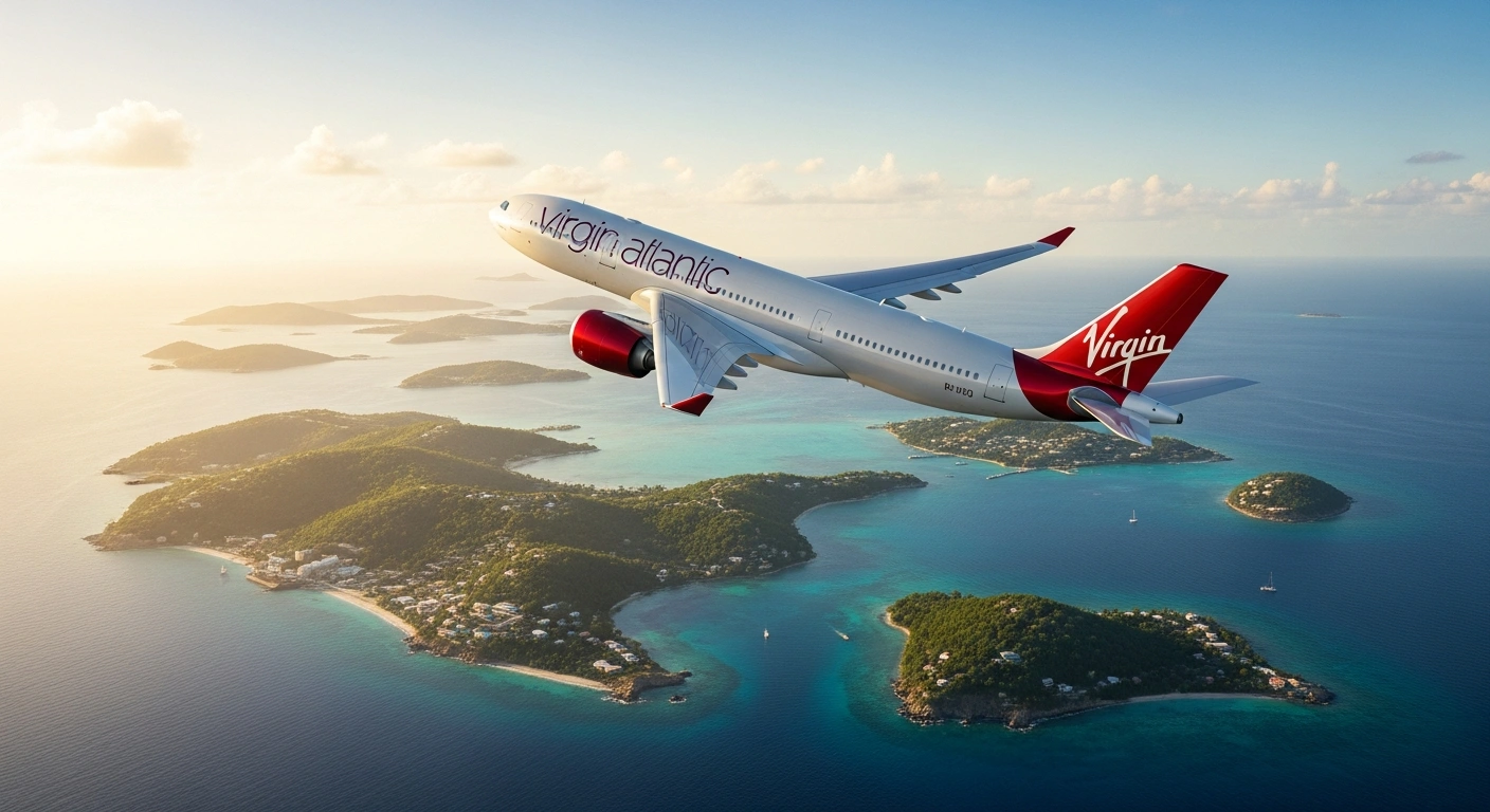 A Virgin Atlantic Airbus A330-900neo aircraft, symbolizing increased flight frequency and enhanced regional connectivity, soars gracefully over multiple sun-drenched Caribbean islands at sunset, facilitating island hopping.