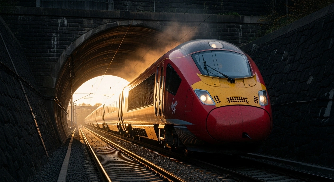 A sleek, crimson-red high-speed train, resembling a Virgin Trains service, powerfully emerges from a dark tunnel, symbolizing the launch of new rail services through the Channel Tunnel and increased competition against Eurostar's monopoly.