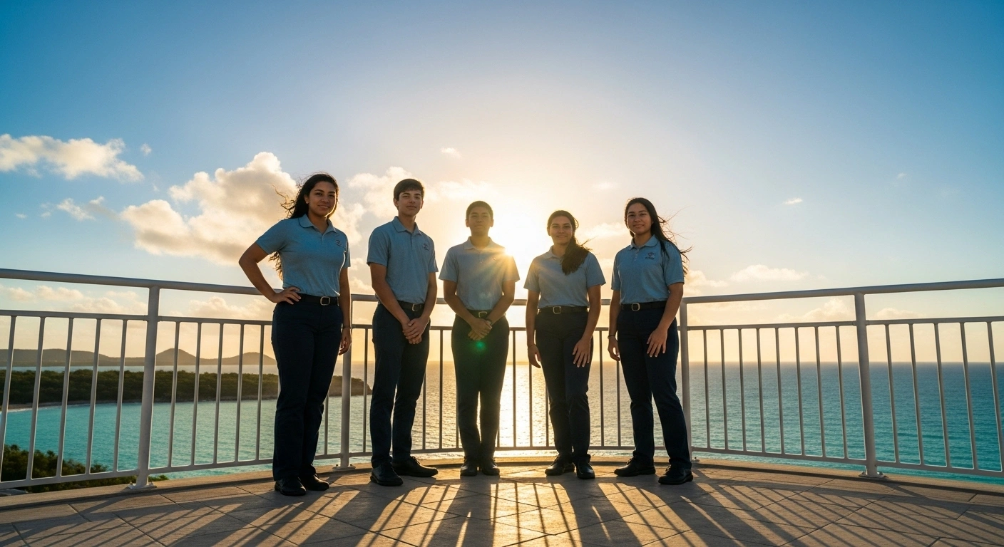 Six high school students, identified as National Merit Scholarship Semifinalists from the U.S. Virgin Islands, stand proudly on an outdoor terrace overlooking the ocean at sunset, celebrating their academic achievement.