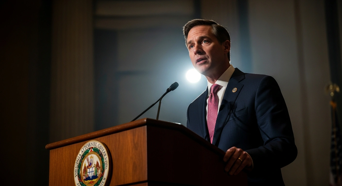 A low-angle, photorealistic shot of Virginia's 49th Attorney General, Jay Jones, standing resolutely at a polished wooden podium, symbolizing his recent taking office on January 17, 2026, and his immediate announcement of key policy actions.